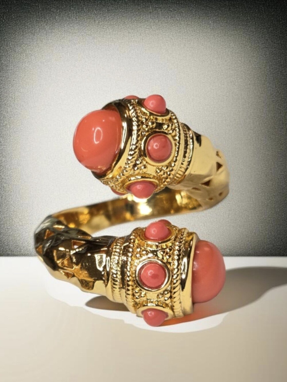 Gold-Tone Open Ring with Coral Pink Cabochons